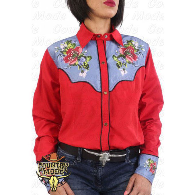 La April Chemise western cowboy femme rouge avec impressions