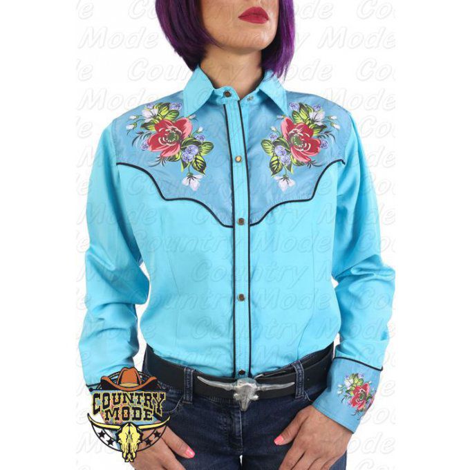 La April Chemise western cowboy femme turquoise avec impressions