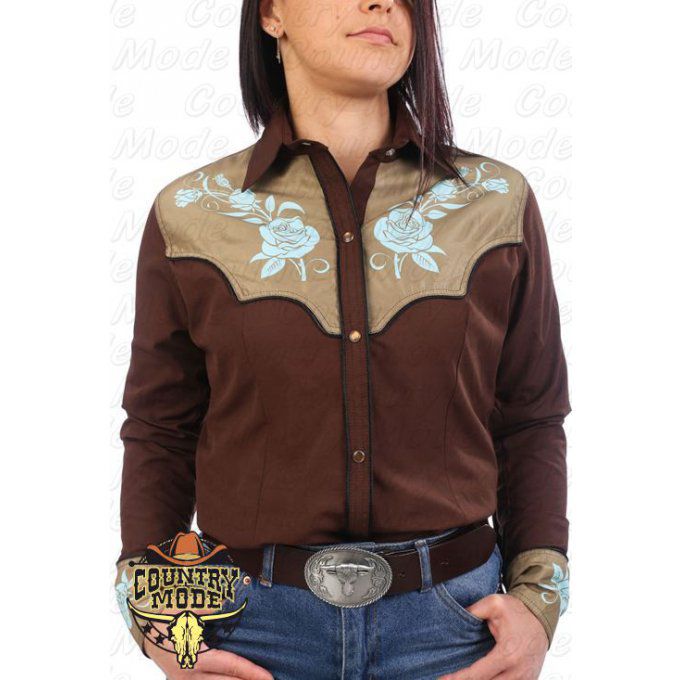 La April Chemise western cowboy femme marron avec impressions